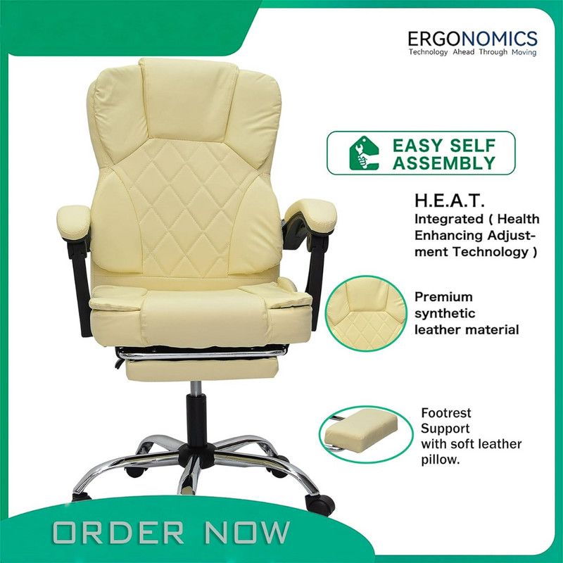 Premium Leatherette Office Chair, High Back Ergonomic Home Executive Chair with Spacious Cushion Seat, Footrest & Heavy Duty  Off White Color