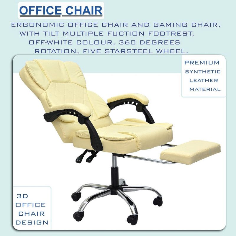 Premium Leatherette Office Chair, High Back Ergonomic Home Executive Chair with Spacious Cushion Seat, Footrest & Heavy Duty  Off White Color