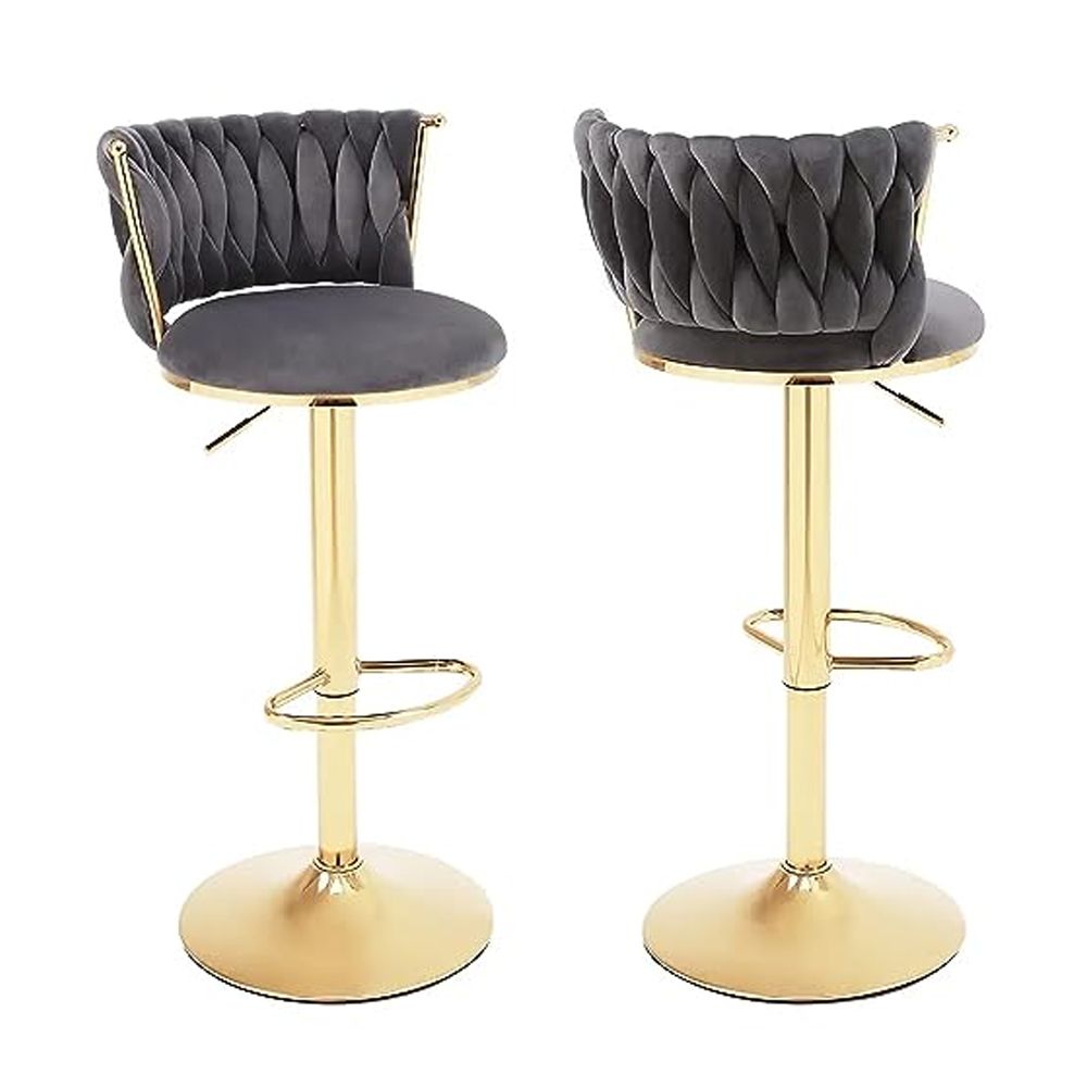 Angela Velvet 360 Rotating Adjustable Swivel Golden Metal High Bar Stool With Backrest - Grey