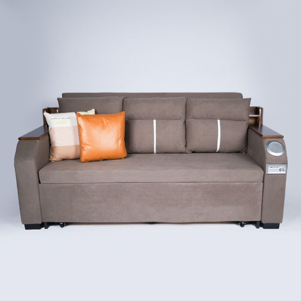 Extendable 2 in 1 Sofa Bed with Side Pockets,  Bottom and Side Storage, USB Ports, Bluetooth and Speaker+ 180 cm Outside + Brown