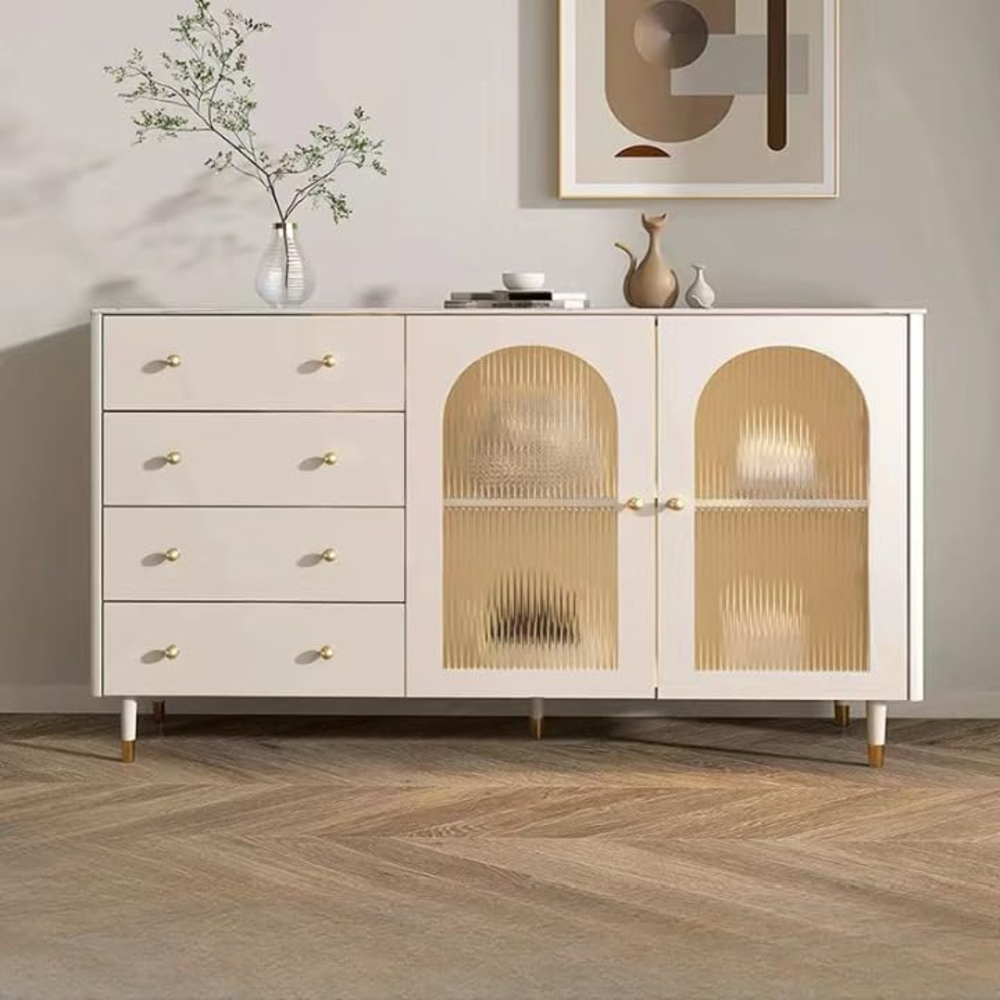 Buy White Wood Buffet Sideboard with Glass Doors and Adjustable Shelves ...