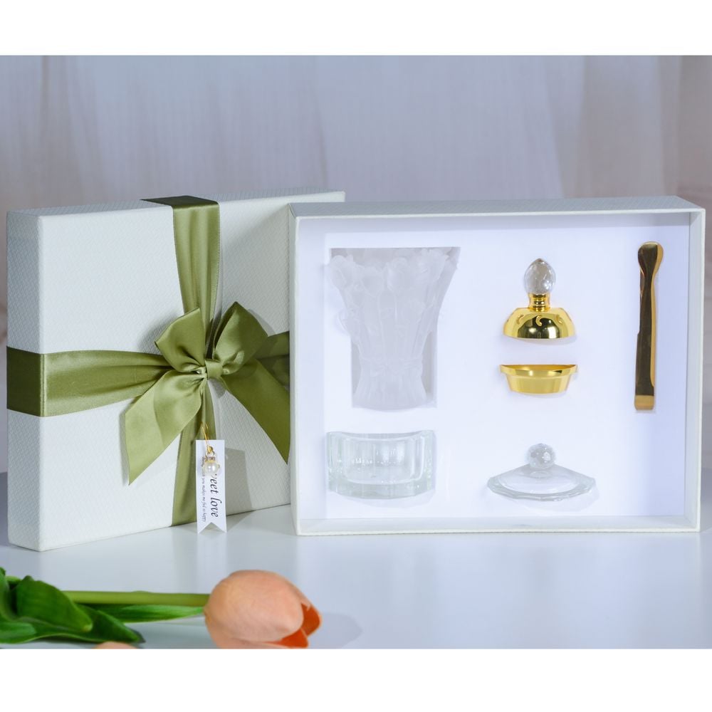 BLISS VIE Crystal Glass Bakhoor Incense Burner - Eid Gift Set - Rose White Colour