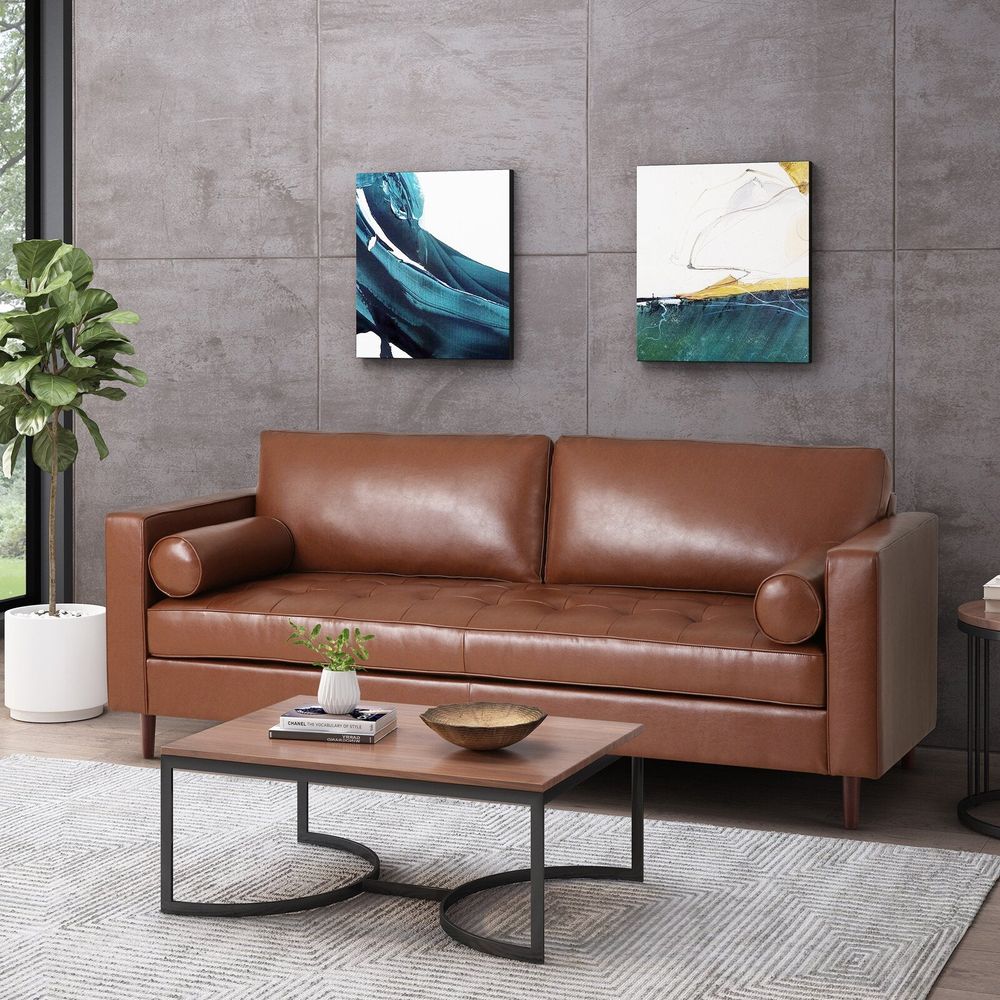 Tan faux deals leather sofa