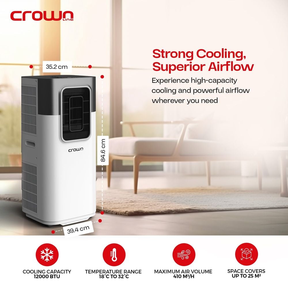 Crownline PAC-405 12000 BTU/1.0 Ton  Portable Air Conditioner, 4-in-1 Auto/Cooling/Fan/Dehumidify, 3500W Rotary Compressor, 3 Fan Speeds, 24-Hour Timer, 18-32°C Working Temp., 410m³/h Air Volume, 220-240V/50Hz, 1350W Power, 142x1500mm Exhaust Pipe.