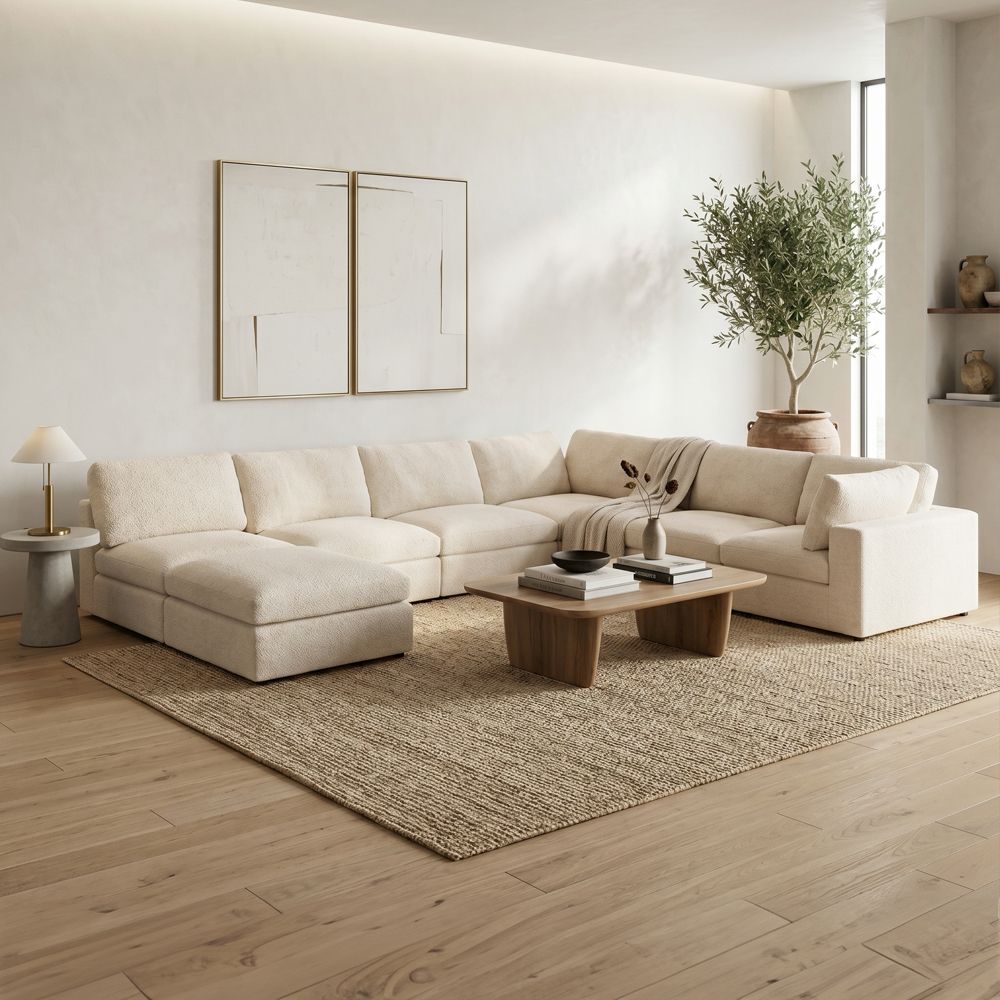 Neithan 6 Seater Fabric Modular Sofa Set + Ottoman- Beige