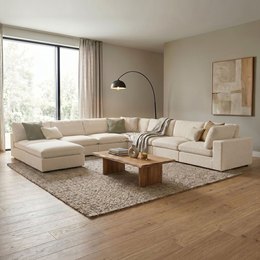 Neithan 7 Seater Fabric Modular Sofa Set + Ottoman- Beige