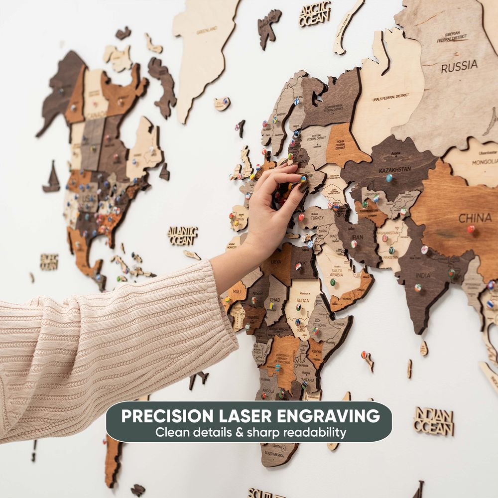 استمتع بالخشب - لوحة فنية جدارية ثلاثية الأبعاد - ديكور خشبي فريد لخريطة العالم للمنزل أو غرفة النوم أو المكتب - هدية مثالية للتدفئة المنزلية، لوحة فنية جدارية أنيقة ومصنوعة يدويًا - تصميم متعدد الألوان - XL