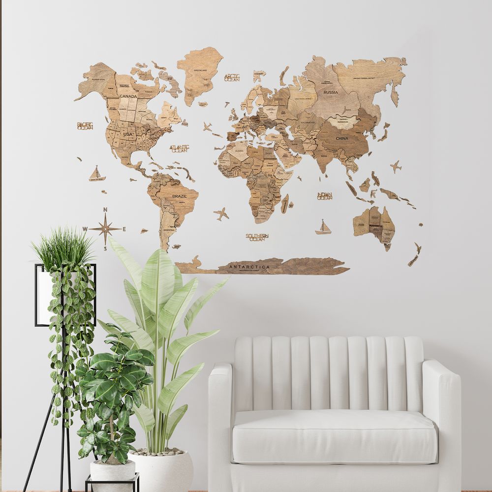 Enjoy The Wood 3D Wooden World Map Wall Decor, Terra Color Travel Wall Art for Home and Office, Premium Gift Idea with Warm Tones and Unique Wall Decor UAE – Terra L (150 x 90 cm)