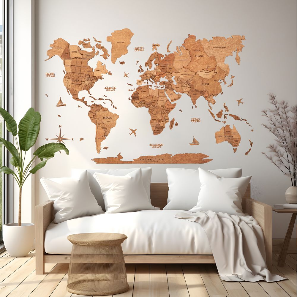 Enjoy The Wood 3D Wooden World Map Wall Decor, Natural Oak Finish Travel Wall Art for Home and Office, Premium Gift Idea with Minimalist Style and Elegant Wall Decor UAE – Oak XL (200 x 120 cm)