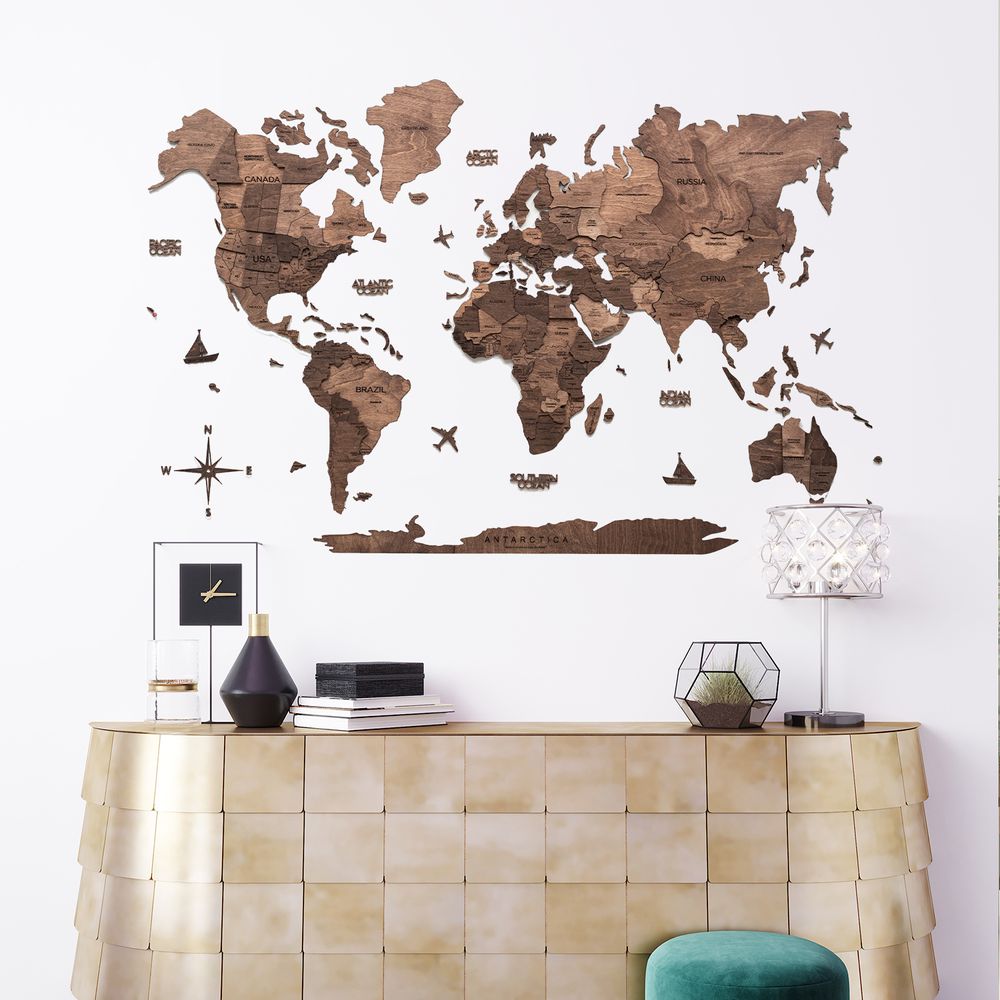 Enjoy The Wood 3D Wooden World Map Wall Decor, Premium Travel-Inspired Wall Art for Home and Office, Unique Gift Idea with Stylish Layered Design – Dark Walnut L (150 x 90 cm)