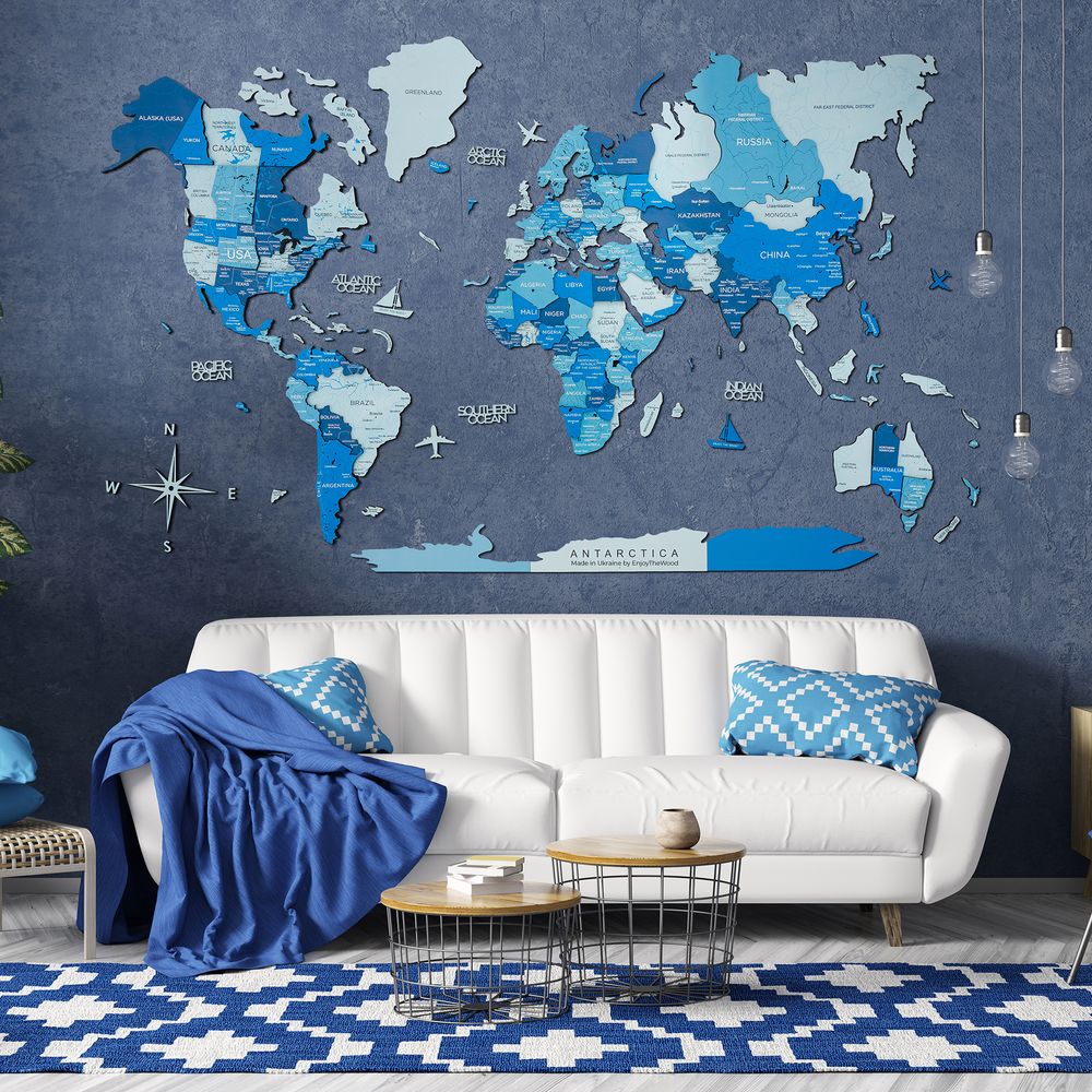 Enjoy The Wood 3D Wooden World Map Wall Decor, Azure Travel Wall Art for Executive Office, Meeting Room and Reception, Premium Home Office Wall Decor UAE – Azure XL (200 x 120 cm)