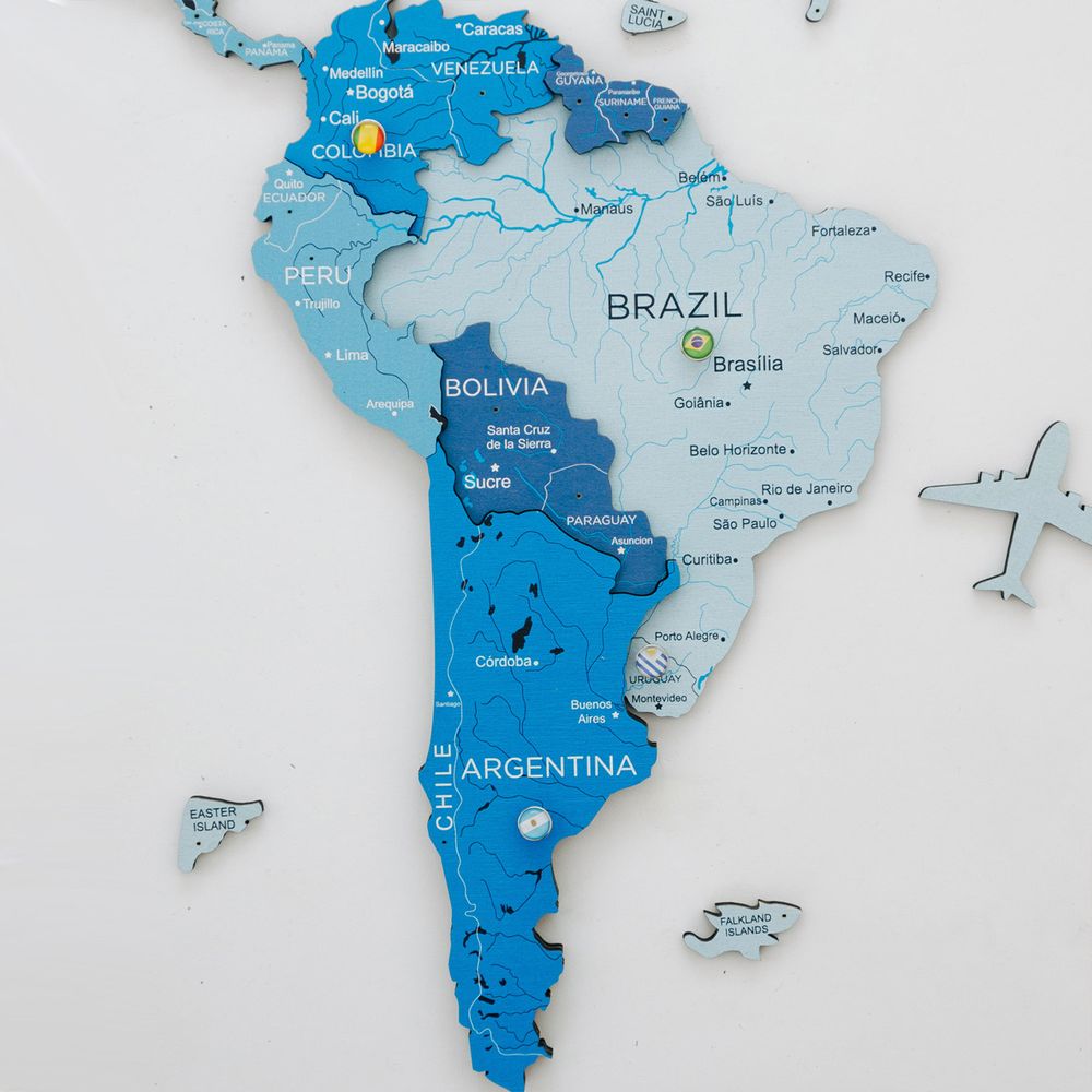 الخريطة العالمية الخشبية ثلاثية الأبعاد - أزرق سماوي | طول النسخة الكبرى (200 × 120 سم)