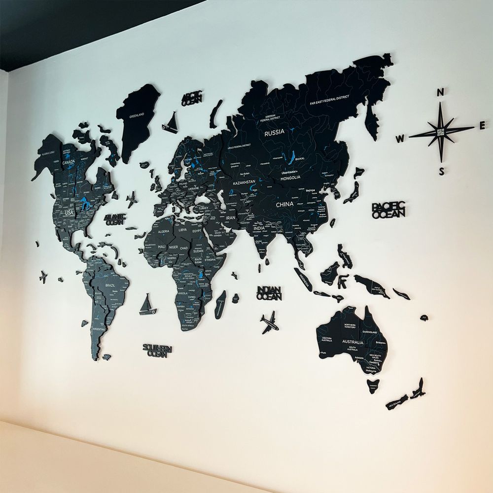 Enjoy The Wood 3D Wooden World Map Wall Decor, Midnight Dark Tone Wall Art for Executive Office, Meeting Room and Reception, Premium Office Wall Decor UAE – Midnight L (150 x 90 cm)
