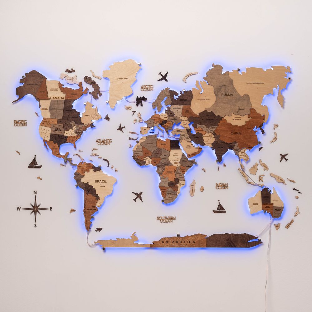 Enjoy The Wood 3D LED Wooden World Map Wall Decor, Multicolor Backlit Illuminated Wall Art with Ambient Lighting, Luxury Feature Wall Decor for Home and Office UAE – Multicolor XXL (300 x 175 cm)