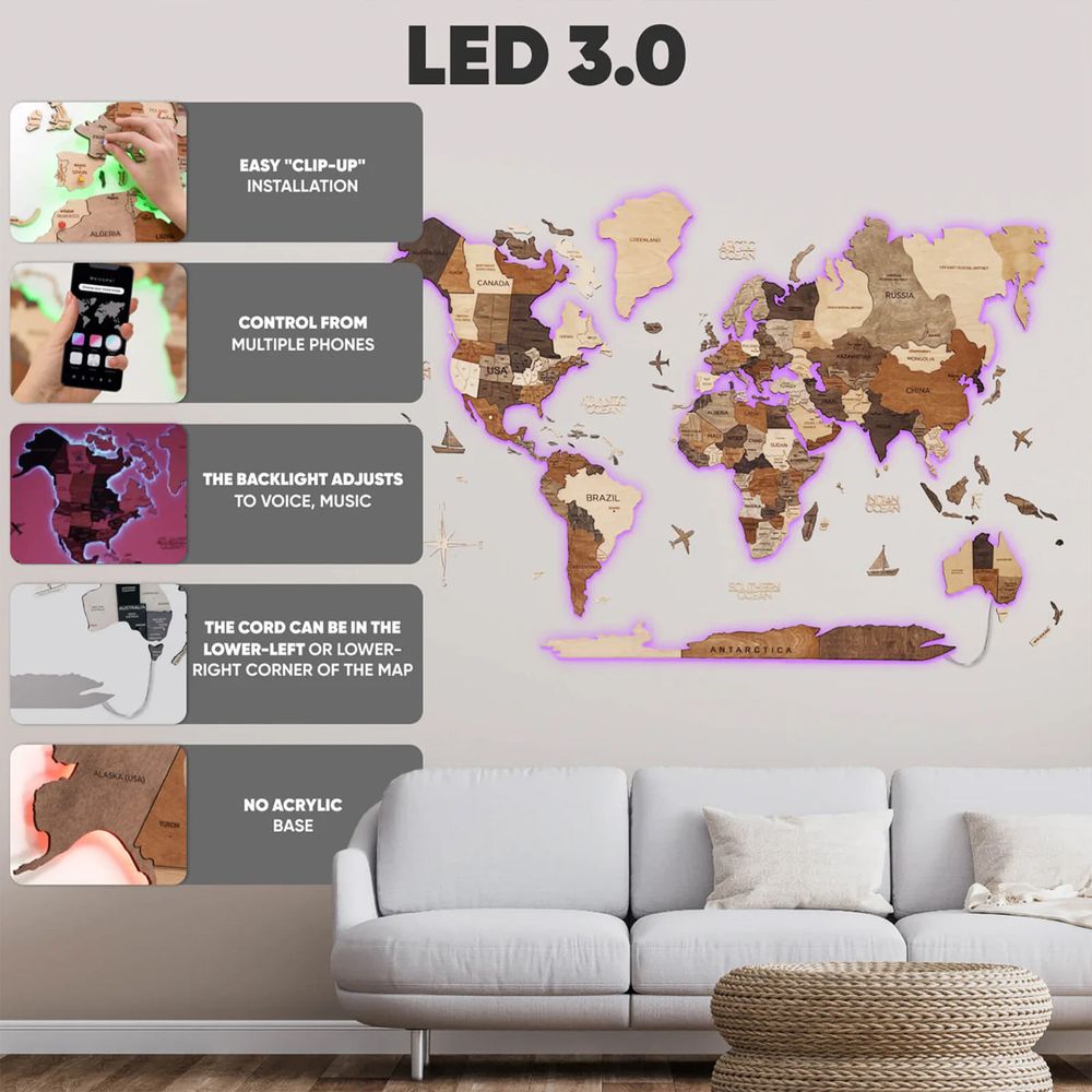 Enjoy The Wood 3D LED Wooden World Map Wall Decor, Nordik Style Backlit Illuminated Wall Art with Soft Ambient Lighting, Luxury Modern Feature Wall for Home and Office UAE – Nordik M (100 x 60 cm)