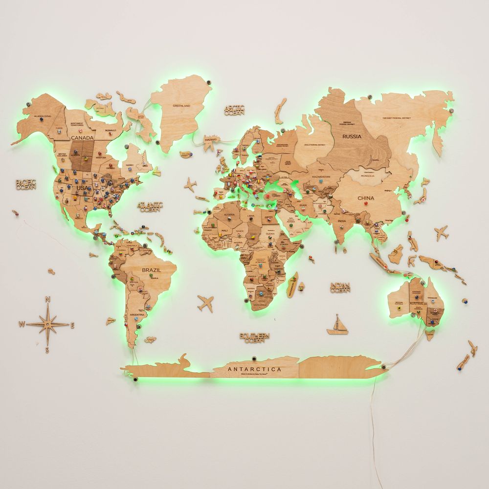 Enjoy The Wood 3D LED Wooden World Map Wall Decor, Light Wood Backlit Illuminated Wall Art with Warm Ambient Lighting, Luxury Feature Wall Decor for Home and Office UAE – Light M (100 x 60 cm)