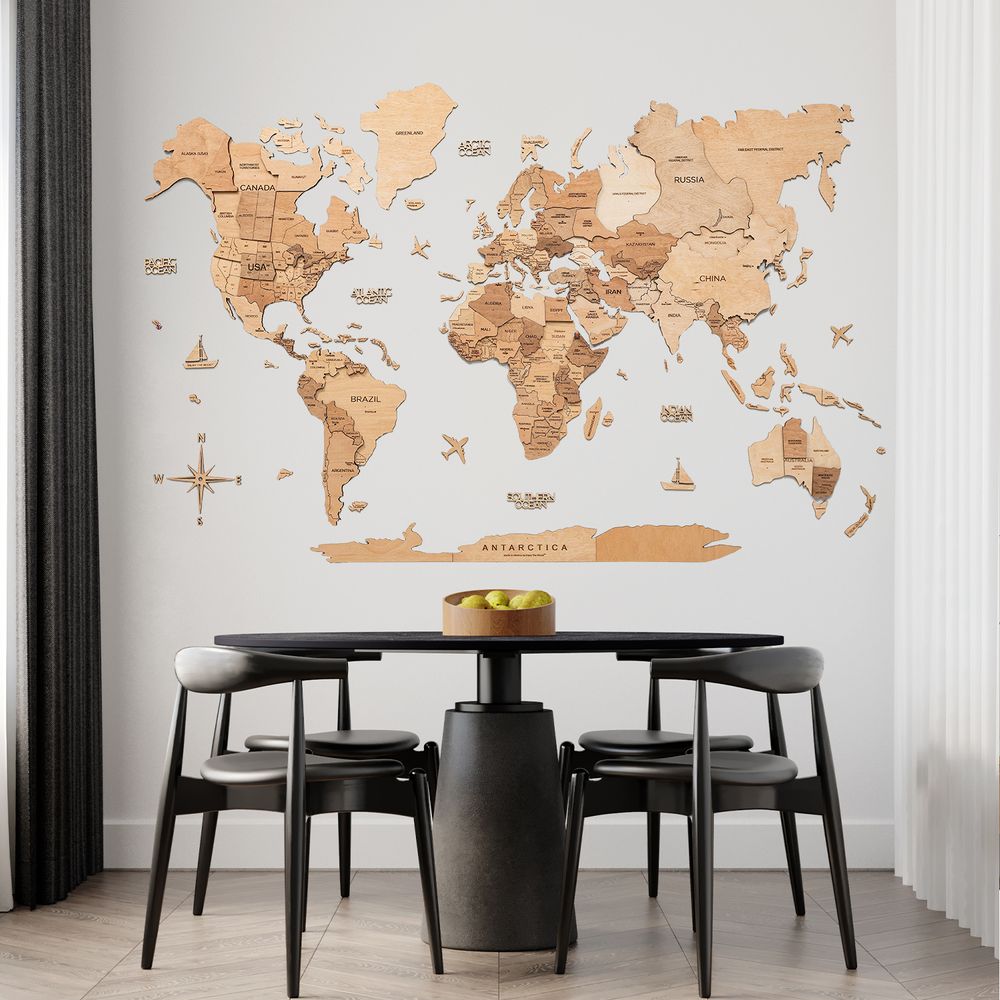 Enjoy The Wood 3D LED Wooden World Map Wall Decor, Light Wood Backlit Illuminated Wall Art with Warm Ambient Lighting, Luxury Feature Wall Decor for Home and Office UAE – Light M (100 x 60 cm)