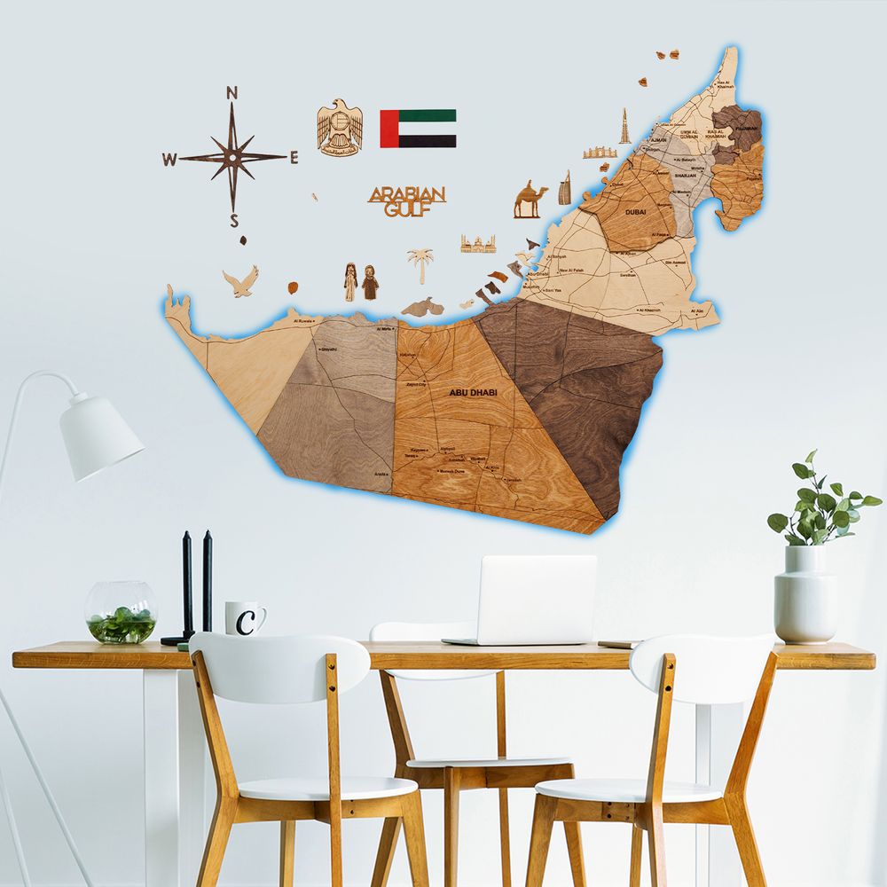 Enjoy The Wood 3D LED Wooden UAE Map Wall Decor, Multicolor Backlit Illuminated Wall Art for Executive Office, Meeting Room and Reception, Luxury Office Decor UAE – Multicolor M (100 x 81 cm)