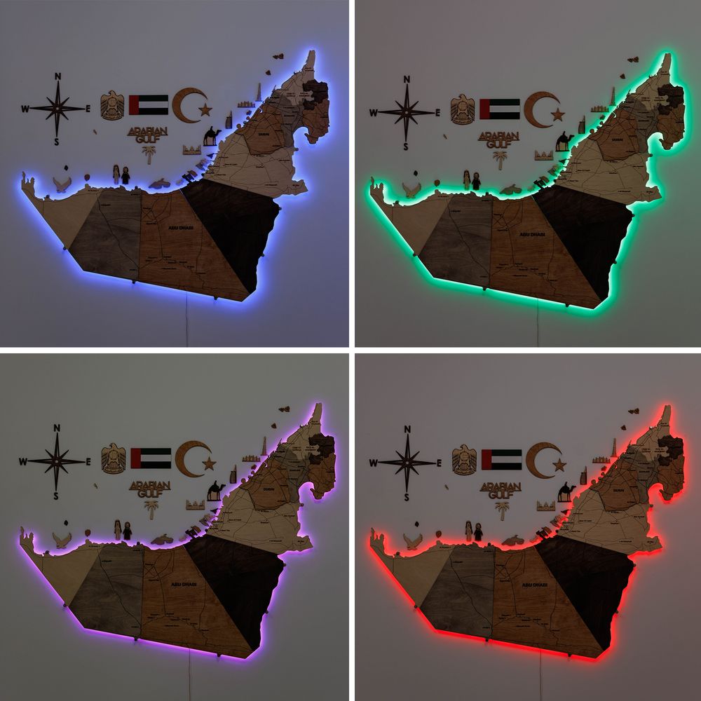 Enjoy The Wood 3D LED Wooden UAE Map Wall Decor, Multicolor Backlit Illuminated Wall Art for Executive Office, Meeting Room and Reception, Luxury Office Decor UAE – Multicolor L (150 x 121 cm)