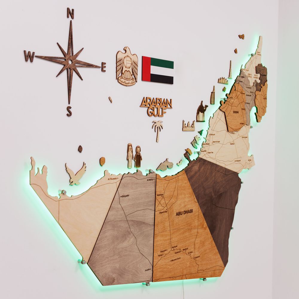Enjoy The Wood 3D LED Wooden UAE Map Wall Decor, Multicolor Backlit Illuminated Wall Art for Executive Office, Meeting Room and Reception, Luxury Office Decor UAE – Multicolor XL (200 x 162 cm)