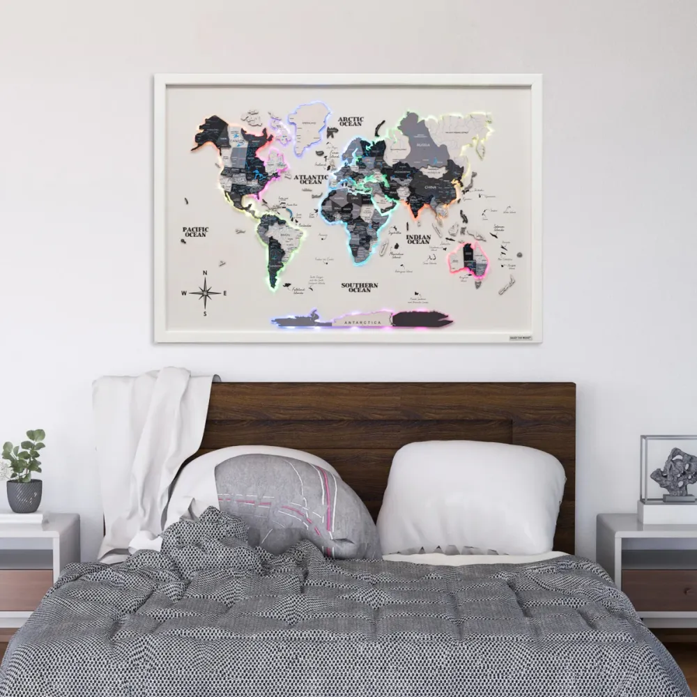 3D Wooden LED World Map – Nordik on White Frame-L(108 x 74cm)