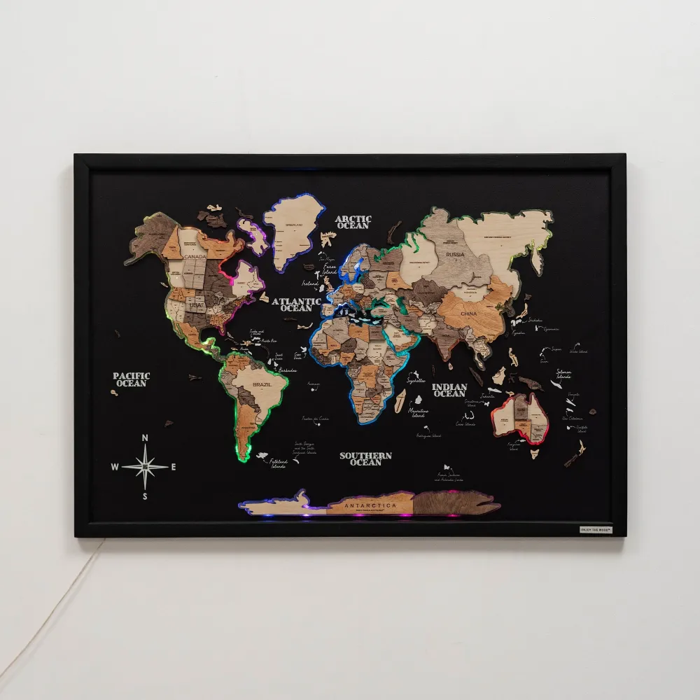 3D Wooden LED World Map – Multicolor on Black Frame-M(74 x 108cm)