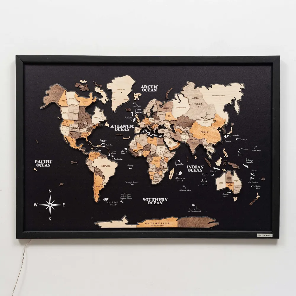 3D Wooden LED World Map – Multicolor on Black Frame-M(74 x 108cm)