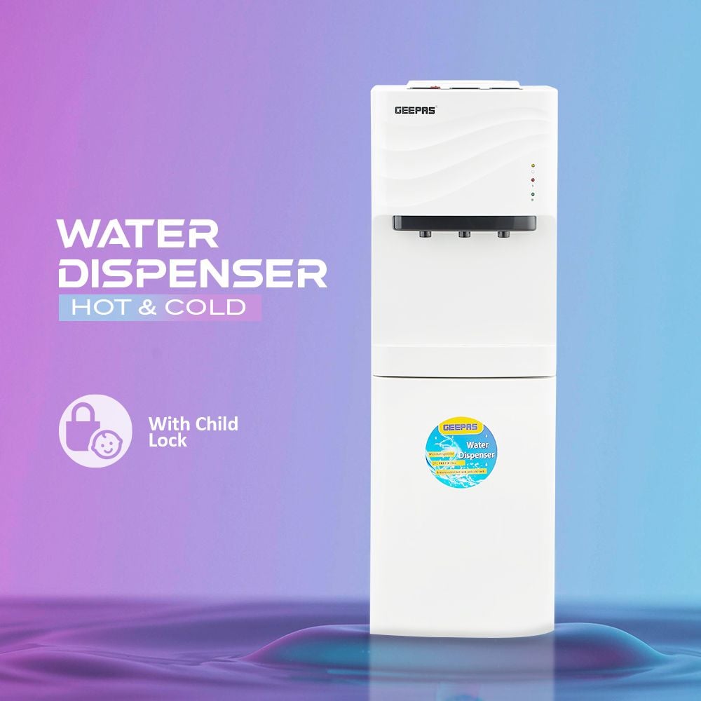 Geepas Water Dispenser with Refrigerator| Stainless Steel Water Tank with Compressor Cooling and 3 Taps, Hot, Normal and Cold| Equipped with Child Safety Button| Perfect for Home and Office| 2 Years Warranty GWD8355 White