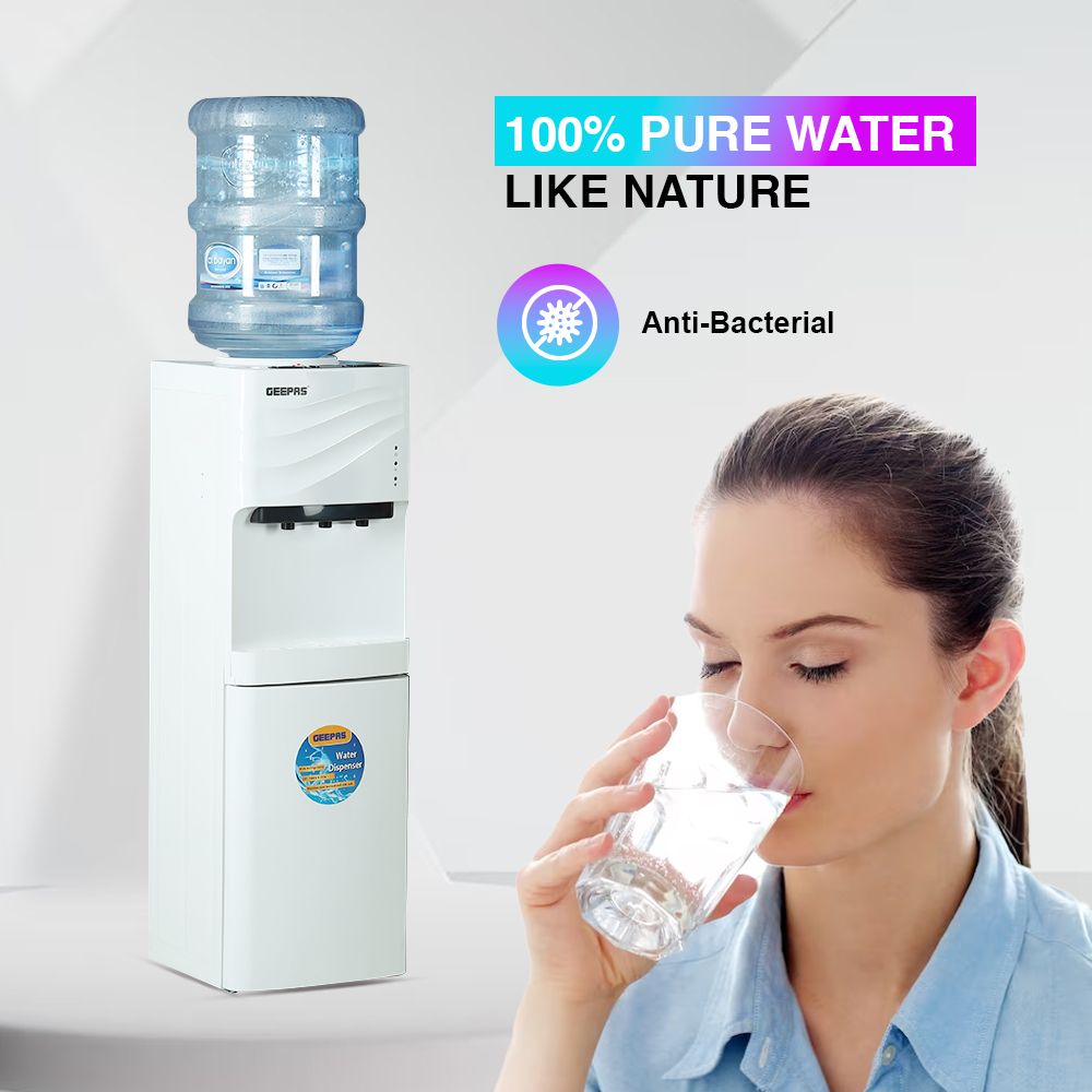 Geepas Water Dispenser with Refrigerator| Stainless Steel Water Tank with Compressor Cooling and 3 Taps, Hot, Normal and Cold| Equipped with Child Safety Button| Perfect for Home and Office| 2 Years Warranty GWD8355 White