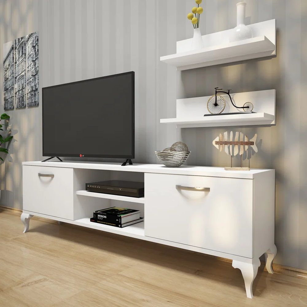 Tv Stand With Wall Shelf Tv Unit With Bookshelf Modern Pedestal Design 150 Cm - White