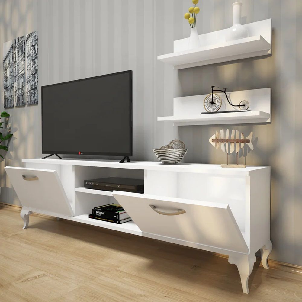 Tv Stand With Wall Shelf Tv Unit With Bookshelf Modern Pedestal Design 150 Cm - White