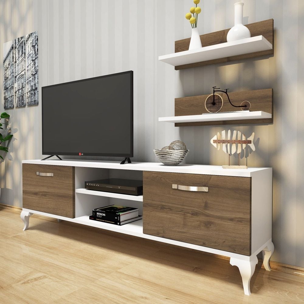Tv Stand With Wall Shelf Tv Unit With Bookshelf Modern Pedestal Design 150 Cm - White And Antique Dark