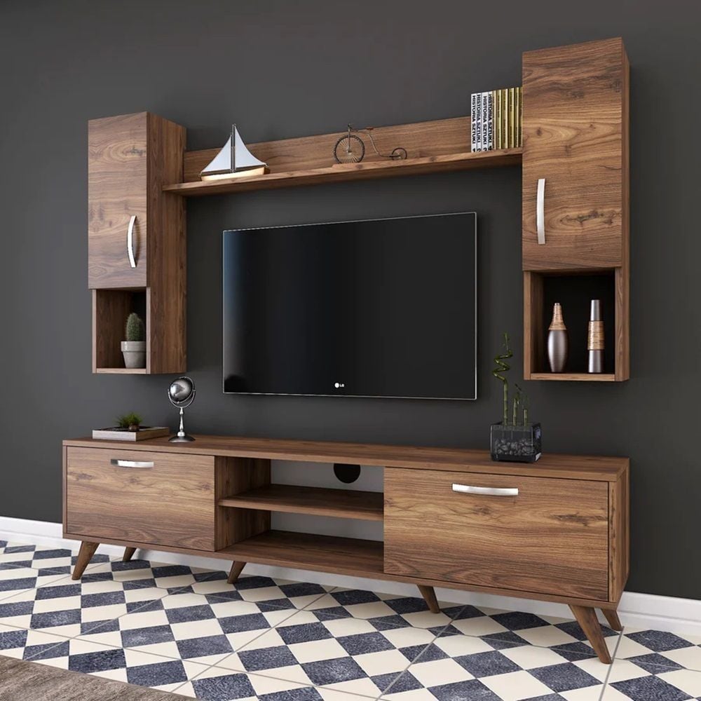 Tv Unit With Wall Shelf Tv Stand With Bookshelf Wall Mounted With Shelf Modern Leg 180 Cm - Walnut