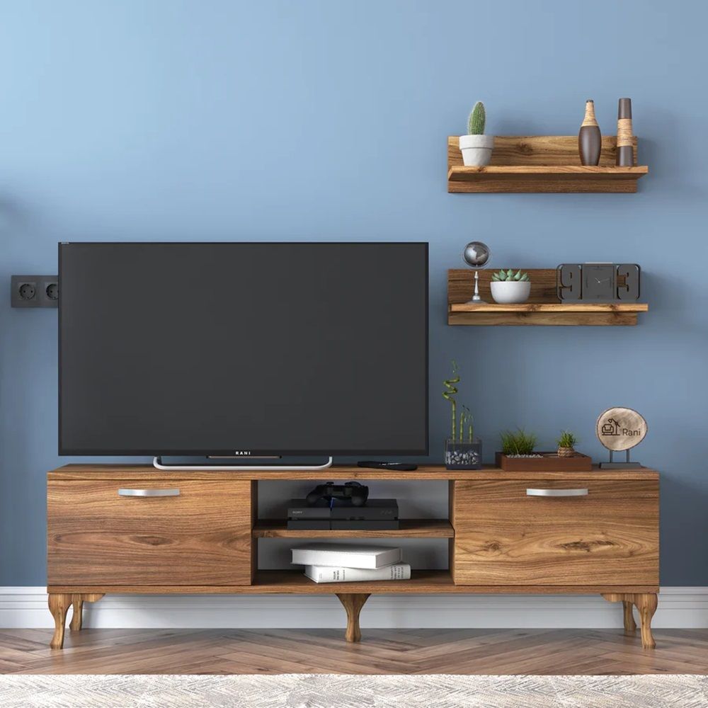 Stand With Wall Shelf Tv Unit With Bookshelf Modern Pedestal Design 150 Cm - Walnut