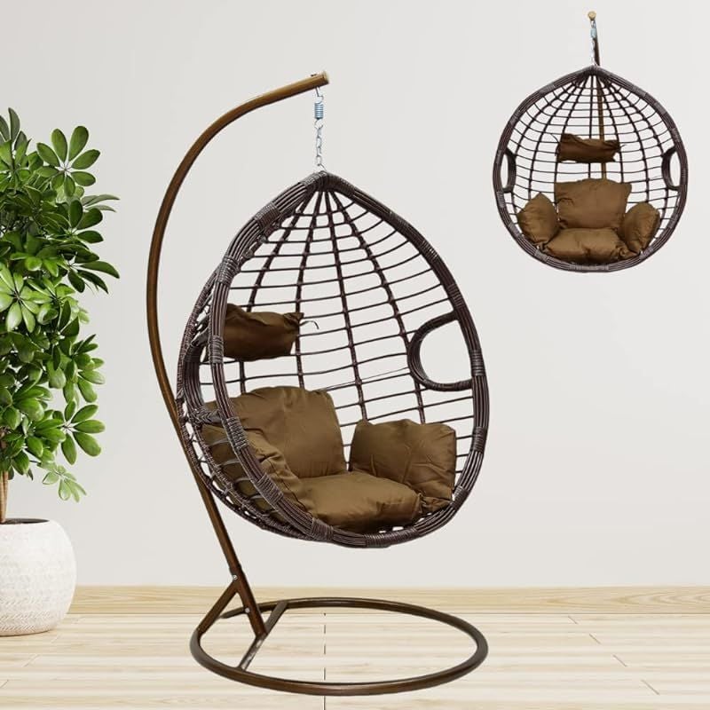 Indoor Outdoor Patio Wicker Hanging Chair Swing Egg Basket Chairs with Stand UV Resistant Cushions 120kg Capacity for Patio Backyard Balcony Color