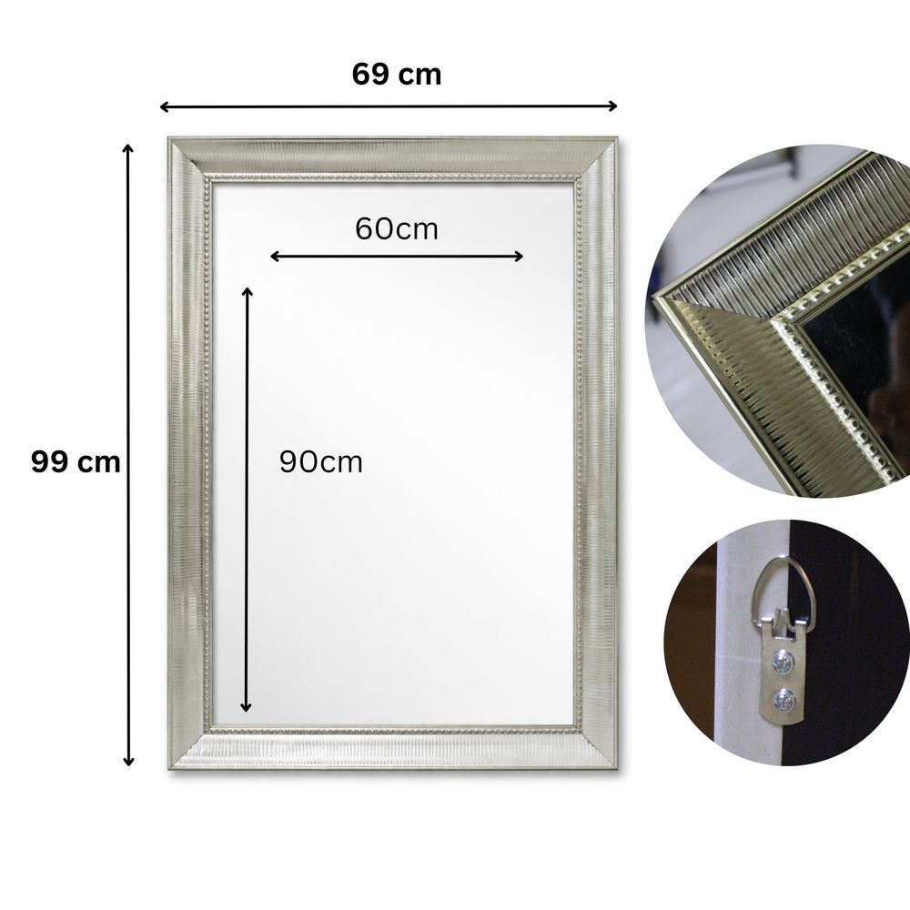 Champagne Framed Wall Mirror 99×69 cm – Rectangular Ribbed Beaded Frame Decorative Vanity Mirror, Premium Textured Champagne Mirror for Living Room, Bedroom, Bathroom Wall Décor