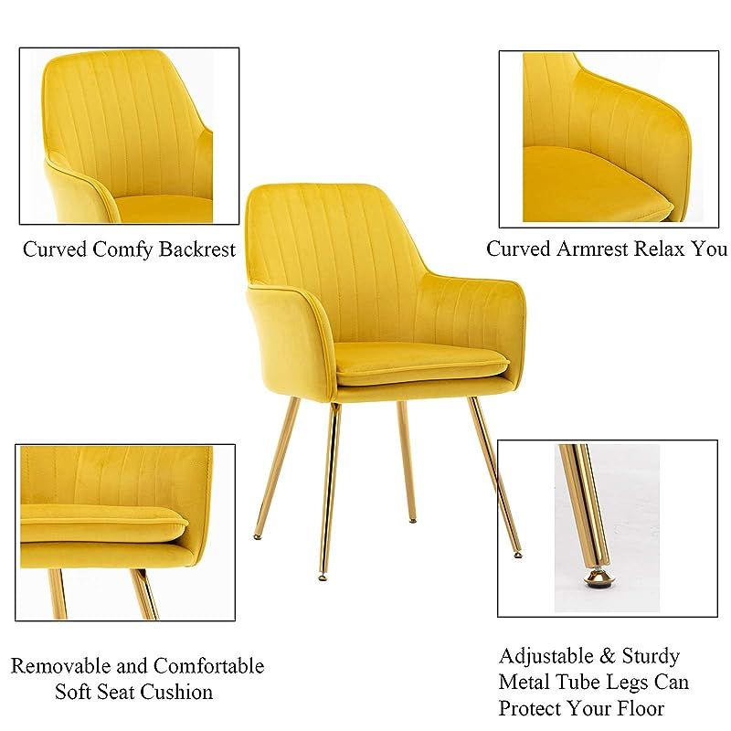 Artechworks Velvet Modern Living Dining Room Arm Chair Club Leisure Guest Lounge Bedroom Upholstered With Gold Metal Legs, Yellow