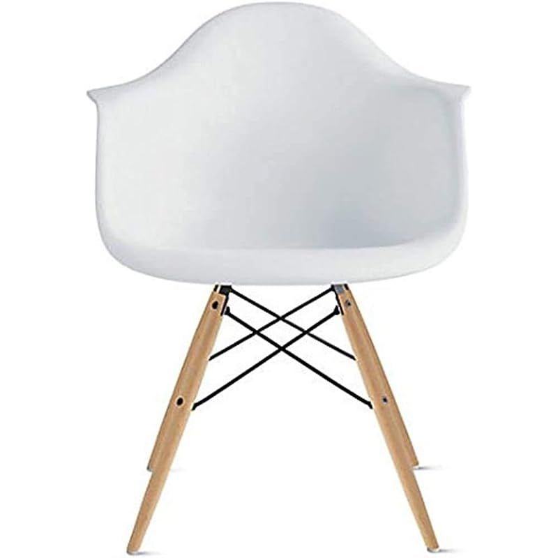 Furniture Set of 2 White - Eames Style Armchair with Natural Wood Legs Eiffel Dining Room Chair - Lounge Chair Arm Chair Arms Chairs Seats Wooden Wood Leg Base Molded Plastic