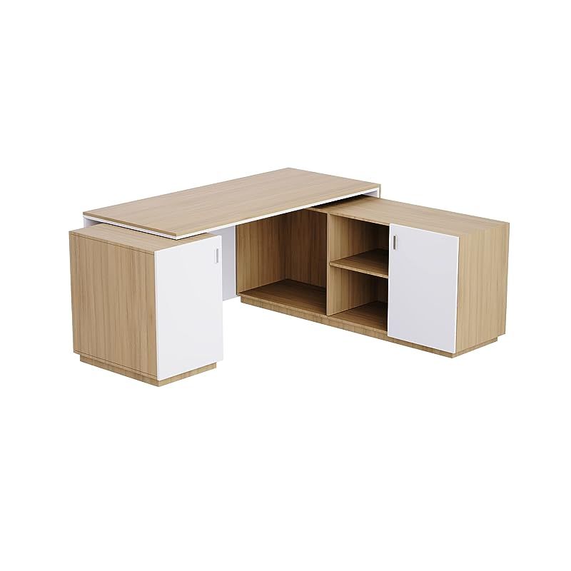 White l shaped desk deals with drawers