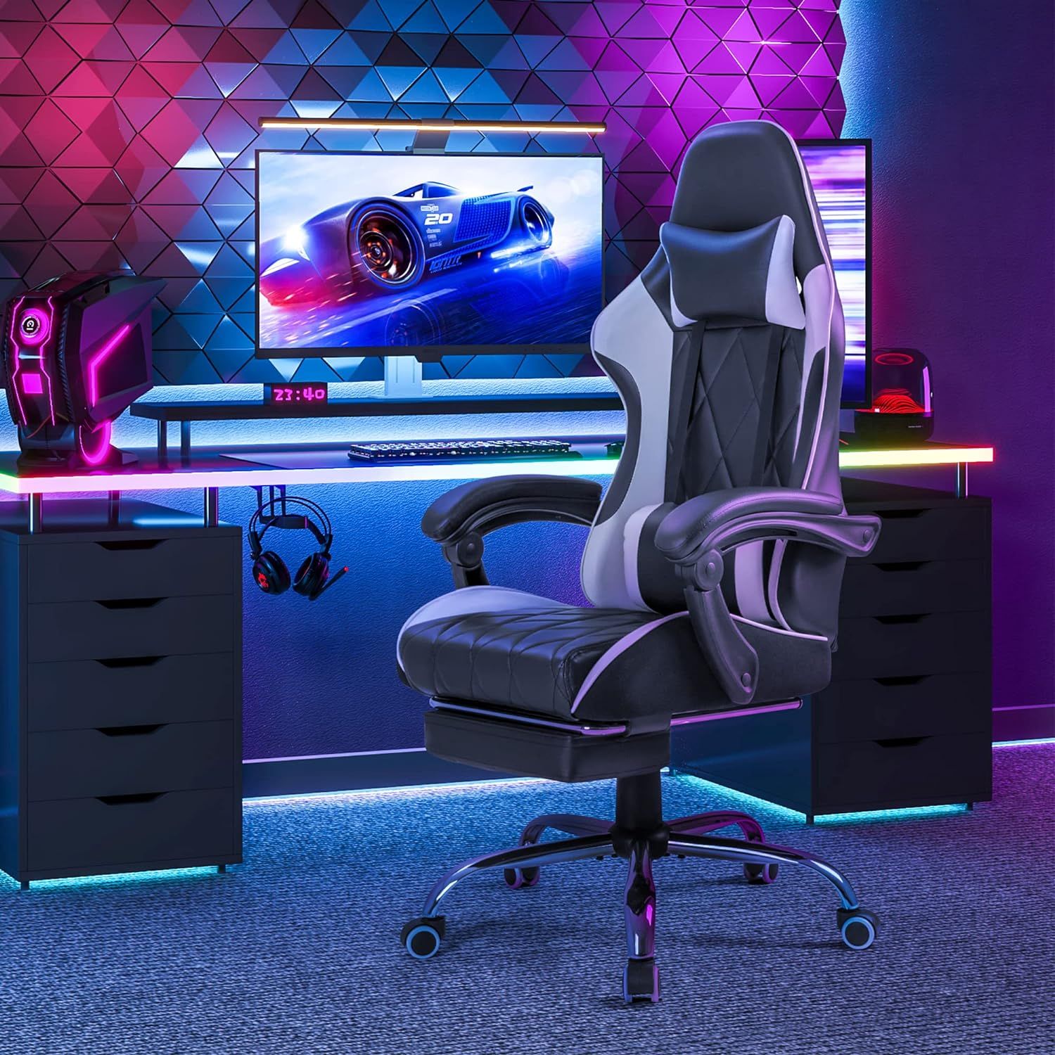 Mahmayi Gaming Chair, Computer Chair with Footrest and Massage Lumbar Support, Ergonomic High Back Video Game Chair with Swivel Seat and Headrest (White)