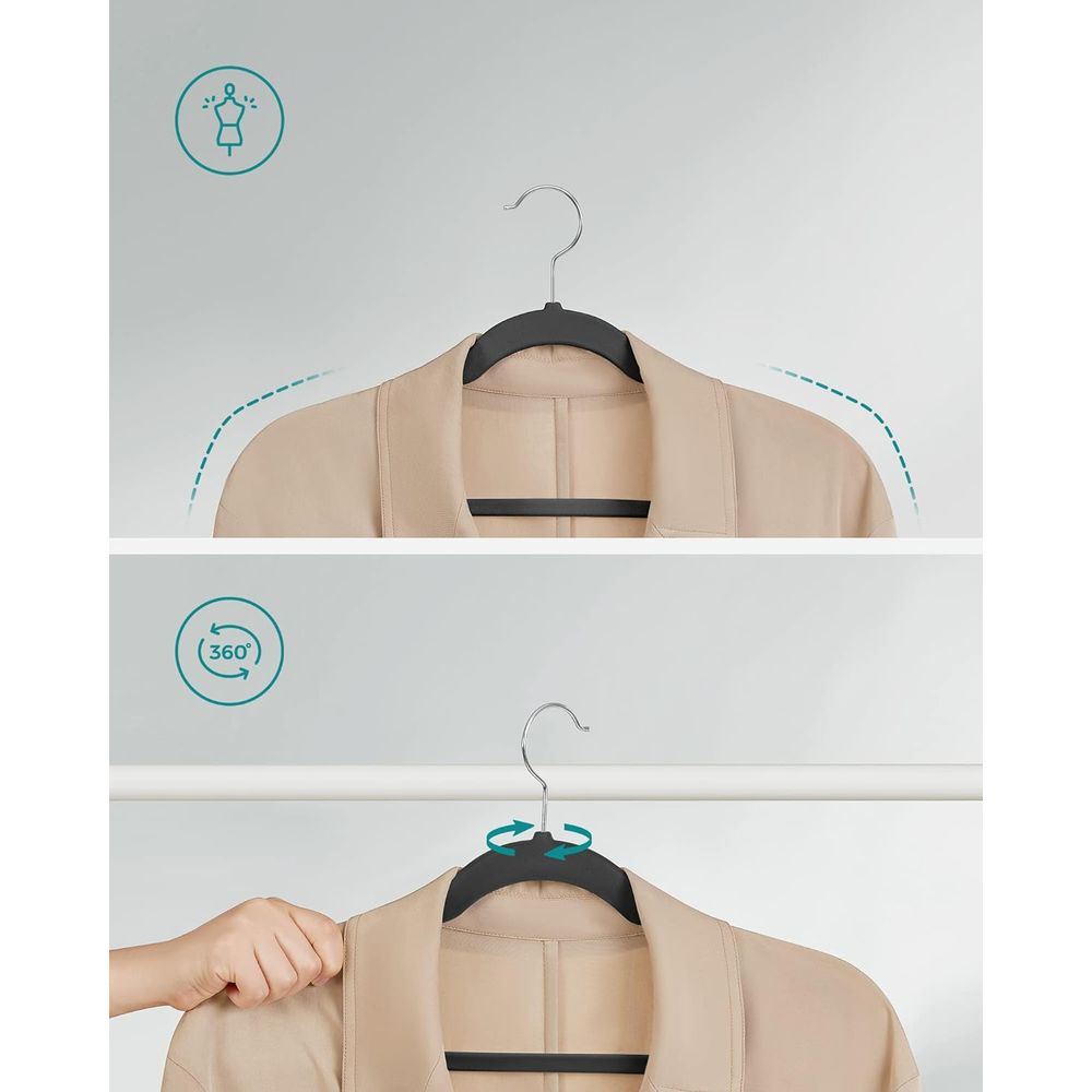 Mahmayi Velvet Hangers, Pack 30 Coat Hangers for Clothes, Non-Slip, with Shoulder Notches, Trouser Bar, 360° Swivel Hook, Space-Saving, 0.6 cm Thick, 43 cm Long, Black CRF029B03