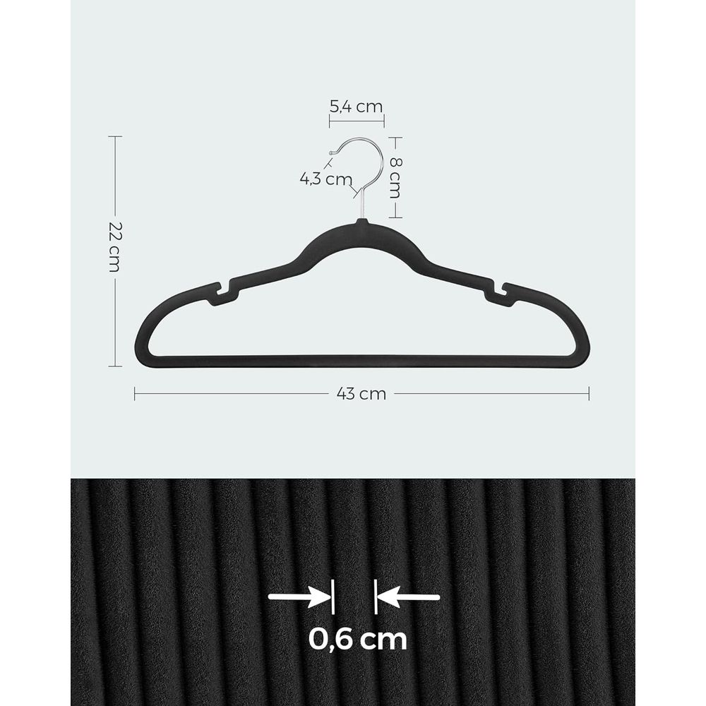 Mahmayi Velvet Hangers, Pack 50 Coat Hangers for Clothes, Non-Slip, with Shoulder Notches, Trouser Bar, 360° Swivel Hook, Space-Saving, 0.6 cm Thick, 43 cm Long, Classic Black CRF029B05