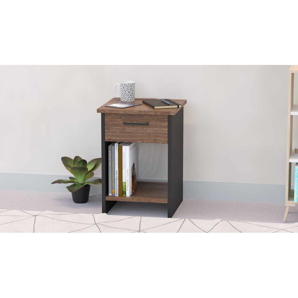 Mahmayi Modern Night Stand, Side End Table with Single Drawer and Open Storage Shelf - Truffle Davos Oak and Black