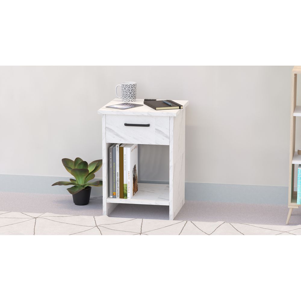 Mahmayi Modern Night Stand, Side End Table with Single Drawer and Open Storage Shelf - White Levento Marble