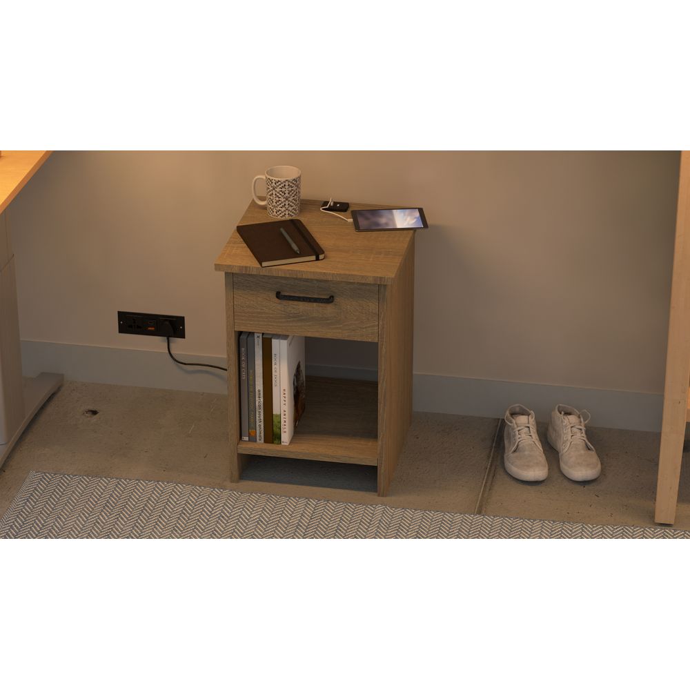 Mahmayi Modern Night Stand, Side End Table with Attached BS02 USB Charger Port, Single Drawer and Open Storage Shelf - Grey Bardilano Oak