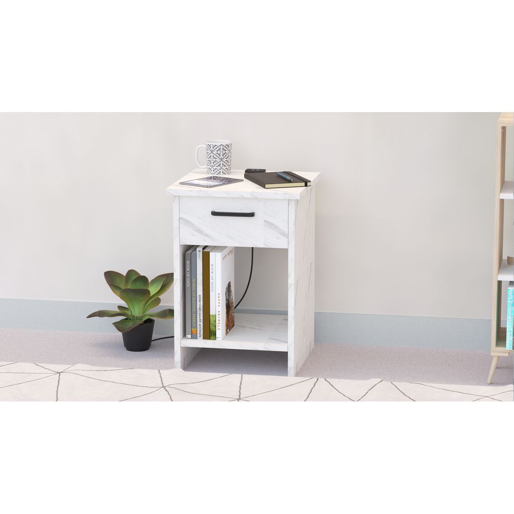 Mahmayi Modern Night Stand, Side End Table with Attached BS02 USB Charger Port, Single Drawer and Open Storage Shelf - White Levento Marble