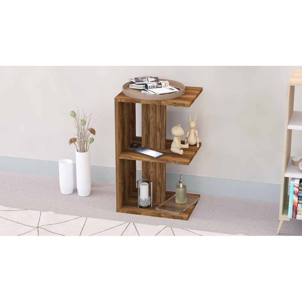 Mahmayi Modern E Shape Night Stand, Side End Table with 3 Open Storage Shelf - Dark Hunton Oak