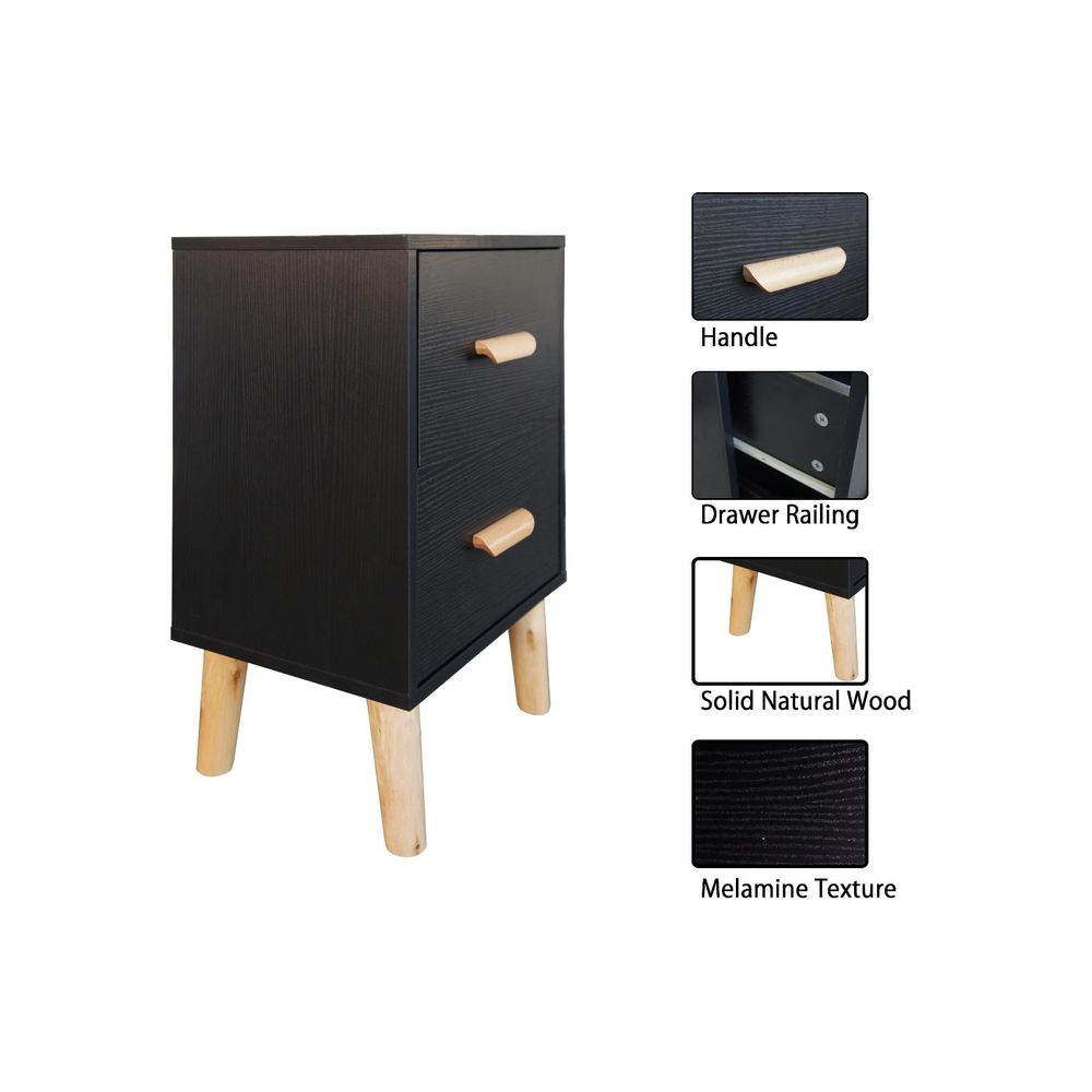 Mahmayi Modern Multifunctional D Nightstand Wooden Side Table Storage Unit with One/Two drawer Home Living Room Bedroom Furniture (Black Dual Drawer)