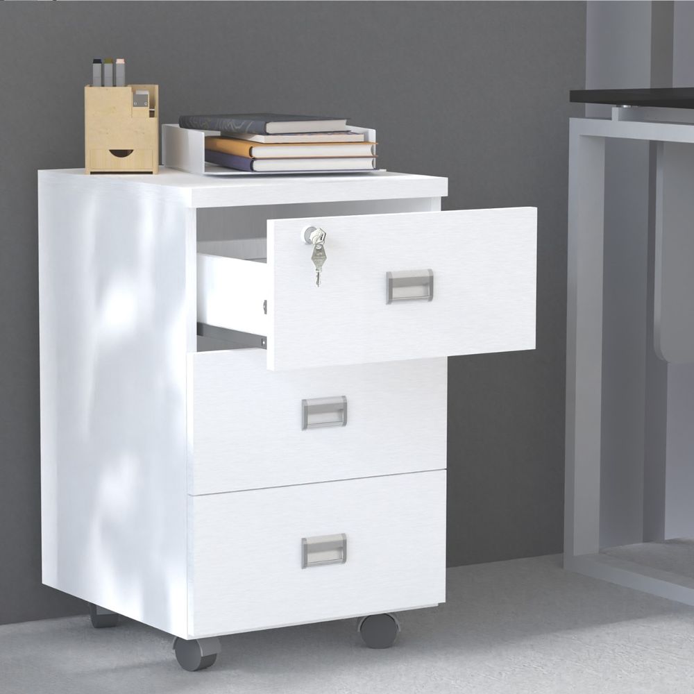 Stazion 3 Drawer Mobile Storage Unit Modern & Sleek Office Furniture with Drawers Functional 3 Drawers Storage Finished with Melamine on MDF & Castor Wheels White