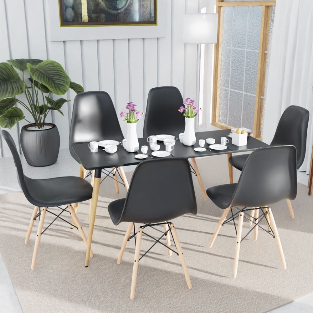 Mahmayi Cenare 7-Piece Dining Set, 140x80 Dining Table & 6 DSW Plastic Chairs - Black Finish for Modern Dining Room Furniture, Family Meals, Dinner Parties, Comfortable Seating Experience